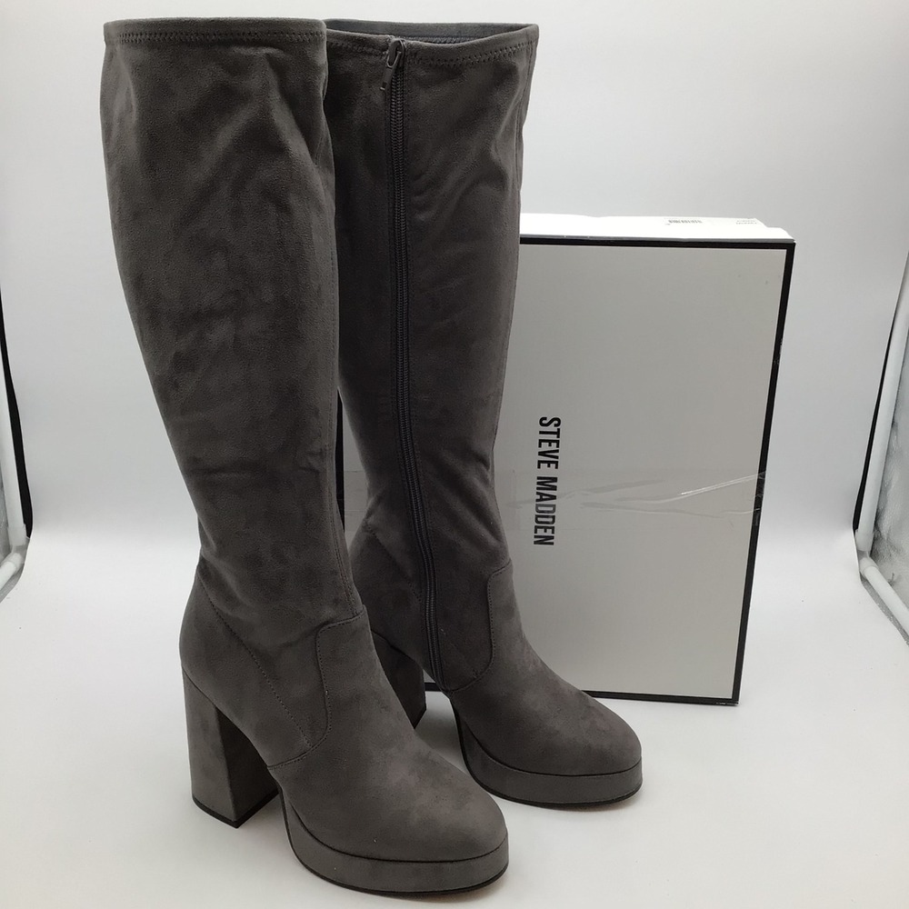 Steve Madden Twain Grey Platform Block Heel Knee High Tall Boots Size 7 NEW